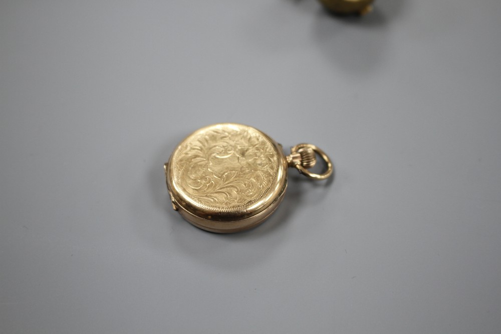 A gilt metal Sica globe manual wind fob watch, on a 9ct ribbon suspension brooch and a continental 9k fob watch.